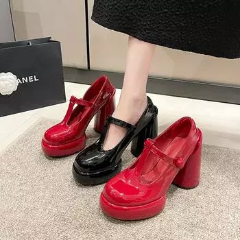 2024 Туфли-лодочки на толстом каблуке женские туфли Мэри Джейн Брендовые дизайнерские туфли весна-лето Супервысокие каблуки женские туфли Сандалии 35 чёрный