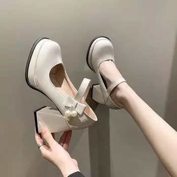 2024 Туфли Мэри Джейн на высоком каблуке Fairy Wind French Square Head One Buckle Simple Водонепроницаемые туфли на платформе с высоким каблуком 35 кремовый