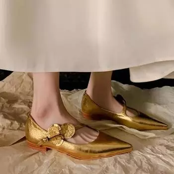 2024 Туфли на плоской подошве с острым носком Женские босоножки с неглубокой подошвой 2024 2024 Новые повседневные туфли для ходьбы Уютное платье Летняя классика Femme Chaussure 35 золотой