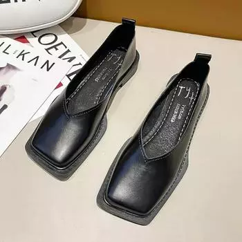 2024 Туфли на плоской подошве женские квадратные одинарные туфли простые темпераментные кожаные туфли весна осень 4 цвета 35-40 35 чёрный