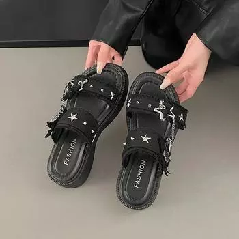2024 Туфли на плоской подошве Женские тапочки Летние сабо на платформе Женские мюли на каблуке Роскошные шлепанцы Пляжные высокие дизайнерские мягкие сандалии 35 чёрный
