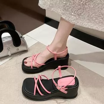 2024 Туфли с круглым носком Женские сандалии Женские сексуальные туфли Стильные квадратные каблуки Элегантные летние женские тапочки Толстая подошва Zapatos 35 чёрный