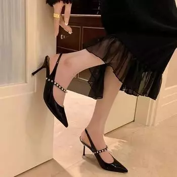 2024 Туфли женские с открытой пяткой женские туфли на высоком каблуке модные туфли-лодочки женские с острым носком и кристаллами неглубокие тонкие каблуки женские босоножки 34 чёрный