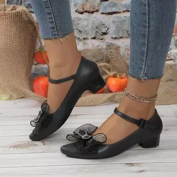 2024 Туфли женские с пряжкой на ремешке женские туфли на высоком каблуке горячая распродажа офисные туфли женские с бантом и острым носком туфли на среднем каблуке женские 36 чёрный