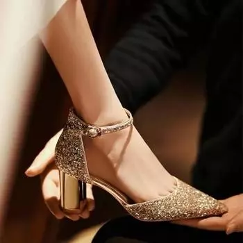 2024 Туфли женские с пряжкой на щиколотке женские туфли на высоком каблуке модные туфли-лодочки женские блестящие с острым носком неглубокие толстые каблуки сандалии 34 розового золота