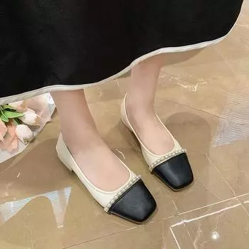 2024 Tweed Style Soft Bottom Square Head Soft Leather Single Shoes Womens New Season Flat Bottom Womens Pearl Bean Shoes 35 чёрный