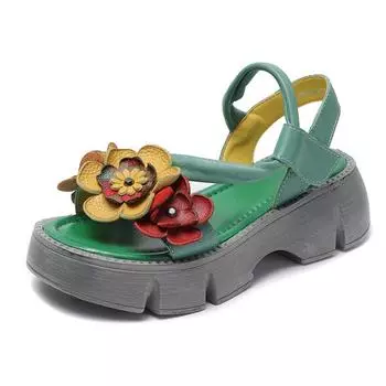 2024 удобные женские туфли на высоком каблуке и платформе из натуральной кожи в этническом стиле, женские пляжные летние сандалии с цветочным принтом 35 зелёный