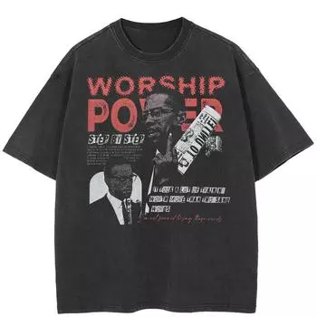 2024 Уличная футболка News Power Graphic унисекс, хлопковая мытая черная футболка, топы унисекс, футболки, летняя футболка с короткими рукавами S чёрный