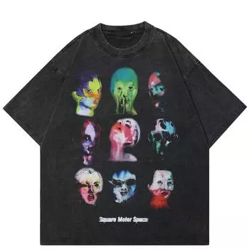 2024 Уличная футболка с абстрактными лицами и графикой унисекс, хлопчатобумажная черная футболка, топы унисекс, футболки, летняя футболка с короткими рукавами S чёрный