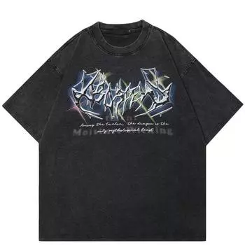 2024 уличная футболка с большими буквами и рисунком, хлопковая черная футболка, топы унисекс, футболки, хипстерская летняя футболка с короткими рукавами Y2K S чёрный