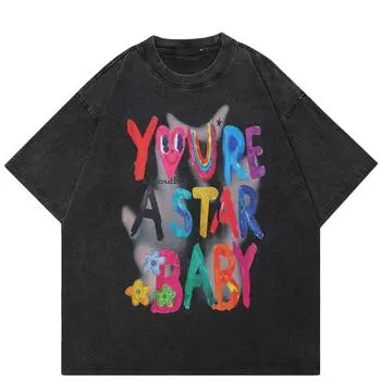 2024 Уличная футболка с цветными граффити и буквами. Графическая футболка унисекс. Хлопчатобумажная черная футболка. Топы унисекс. Футболки. Летняя футболка с короткими рукавами. S чёрный