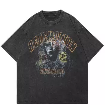 2024 уличная футболка с графическим рисунком и буквами, хлопковая мытая черная футболка, топы унисекс, футболки, летняя футболка с короткими рукавами S чёрный