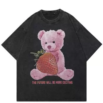2024 уличная футболка с изображением клубничного медведя Лотсо, хлопковая черная футболка, топы унисекс, футболки, летняя футболка с короткими рукавами S чёрный