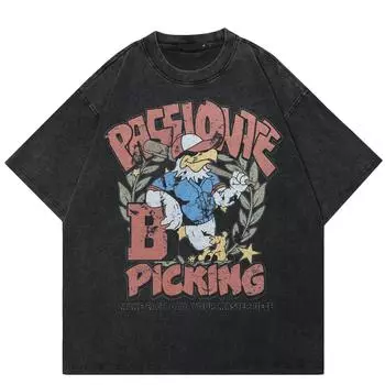 2024 Уличная футболка с забавным попугаем и бейсбольной графикой унисекс, хлопчатобумажная черная футболка, топы унисекс, футболки, летняя футболка с короткими рукавами S чёрный