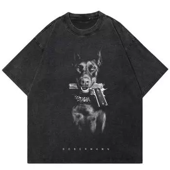Уличная одежда, черная футболка с забавным рисунком собаки добермана S чёрный