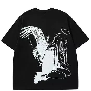 2024 уличная футболка унисекс с двусторонним рисунком ангела, хлопковая футболка, топы унисекс, футболки, летняя футболка с короткими рукавами S чёрный