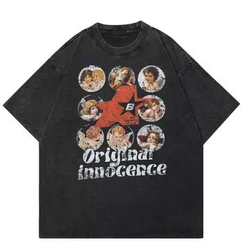 2024 уличная футболка унисекс с графикой ангелов, хлопковая черная футболка, топы унисекс, футболки, летняя футболка с короткими рукавами S чёрный