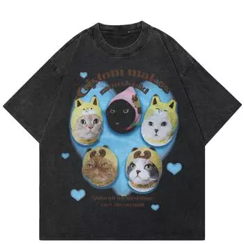 2024 уличная футболка унисекс с изображением милых кошек, хлопковая черная футболка, топы унисекс, футболки, летняя футболка с короткими рукавами S чёрный
