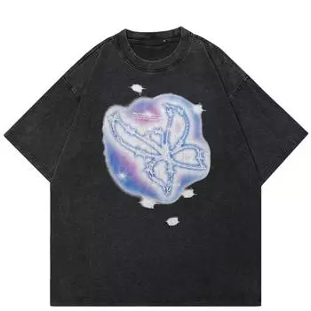 2024 Уличная футболка унисекс с изображением скелета бабочки, хлопковая черная футболка, топы унисекс, футболки, летняя футболка с короткими рукавами S чёрный