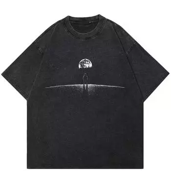 2024 Уличная футболка унисекс с рисунком Луны Астронавта, хлопковая черная футболка, топы унисекс, футболки, летняя футболка с короткими рукавами S чёрный