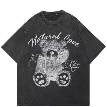 2024 уличная футболка унисекс с рисунком медведя, хлопковая черная футболка, топы унисекс, футболки, летняя футболка с короткими рукавами S чёрный
