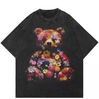 2024 уличная футболка унисекс с рисунком «Медвежий букет», хлопковая черная футболка, топы унисекс, футболки, летняя футболка с короткими рукавами S чёрный