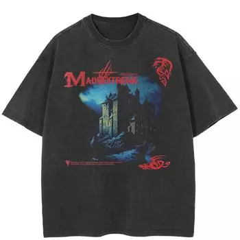 2024 уличная футболка унисекс с рисунком «Мрачный замок», хлопковая черная футболка, топы унисекс, футболки, летняя футболка с короткими рукавами S чёрный