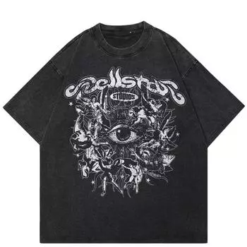 2024 уличная футболка унисекс с рисунком сглаза, хлопковая черная футболка, топы унисекс, футболки, летняя футболка с короткими рукавами S чёрный