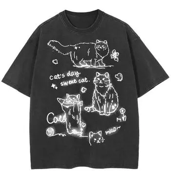 2024 уличная футболка унисекс с рисунком забавных котов, хлопковая черная футболка, топы унисекс, футболки, летняя футболка с короткими рукавами S чёрный