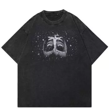 2024 уличная футболка унисекс с тусклым лицом и рисунком, хлопковая черная футболка, топы унисекс, футболки, летняя футболка с короткими рукавами S чёрный
