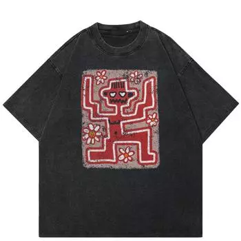 2024 уличная футболка унисекс с забавным мультяшным рисунком, хлопковая черная футболка, топы унисекс, футболки, летняя футболка с короткими рукавами S чёрный