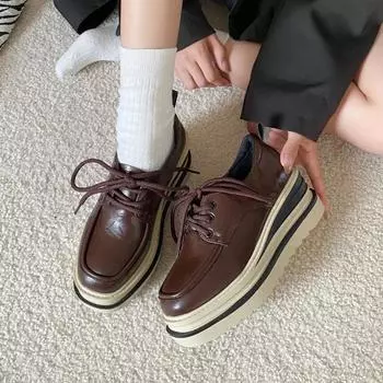 2024 Уличная обувь Женская ПУ Женская вулканизированная обувь Платформа Женские кроссовки Шитье Шнуровка Танкетка Лоферы Женская повседневная обувь 35 чёрный
