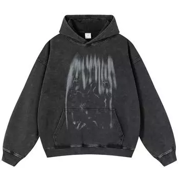 2024 Уличная одежда Crowd Shadow Graphic Unisex Washed Black Oversized Толстовка унисекс с длинными рукавами S чёрный