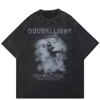 2024 Уличная одежда с абстрактным рисунком лица девушки, футболка унисекс, хлопковая промытая черная футболка, топы унисекс, футболки, летняя футболка с короткими рукавами S чёрный