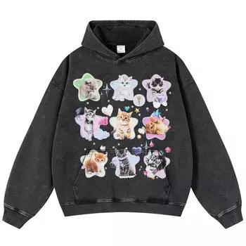 2024 Уличная одежда с рисунком смешных котов, вымытая черная объемная толстовка унисекс с длинными рукавами S чёрный