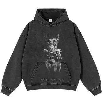2024 уличная одежда с забавным рисунком собаки добермана, вымытая черная объемная толстовка унисекс с длинными рукавами S чёрный