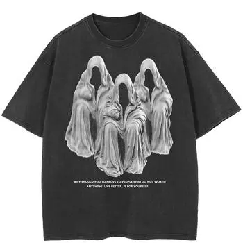 2024 уличная винтажная футболка с графическим рисунком, хлопковая черная футболка, топы унисекс, футболки, хипстерская летняя футболка с короткими рукавами S чёрный