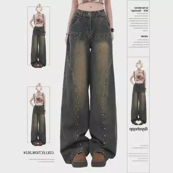 2024 Unisex American Retro Deconstructed Workwear Jeans - Splicing Straight Loose Fit for Spring & Autumn M