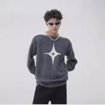 2024 Унисекс Черно-белый свитер с открытыми плечами на молнии: Уникальный, свободный, с длинными рукавами и круглым вырезом 2XL серый