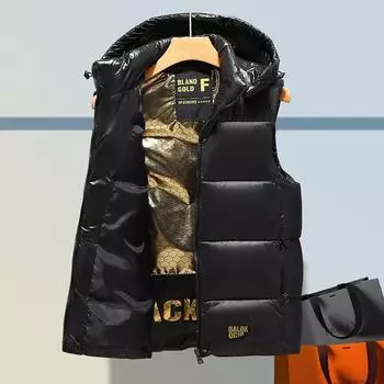 2024 Унисекс Черный Золотой Пуховый Хлопковый Жилет - Свободный, Повседневный, Плотный Куртка Тренд 8615 XXL чёрный