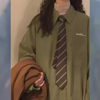 2024 Unisex Green Retro College Style Long-Sleeve Casual Shirt L