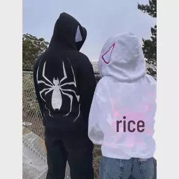 2024 Унисекс Harajuku Паук Принт Молния Толстовка – Большой Размер Европейский и Американский Стиль Large чёрный