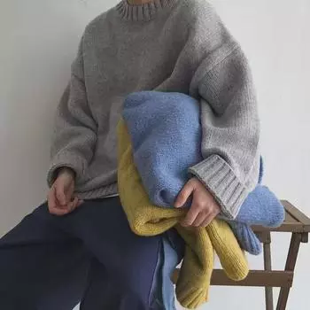 2024 Унисекс однотонный вязаный свитер: Осень/Зима, Круглый вырез, Длинный рукав, Свободный крой XL синий