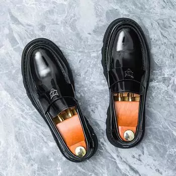 2024 Универсальные кожаные мужские туфли без застежек Новые модные мужские деловые туфли с толстой подошвой Роскошные брендовые мужские удобные лоферы 38 чёрный
