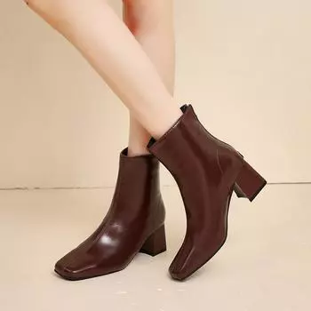 2024 универсальные женские ботильоны из кожи с квадратным носком и боковой молнией в стиле ретро на толстом каблуке женские модные короткие ботинки 35 чёрный