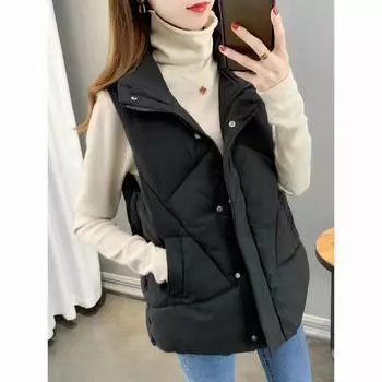 2024 универсальный осенне-зимний новый хлопковый жилет в зарубежном стиле, средний и длинный пуховой утепленный жилет из хлопка, куртка из хлопка M recommends 85-52.5 kg чёрный