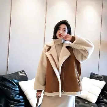 2024 утолщенный мех интегрированная шуба из ягненка свободная сшивка имитация оленьей кожи флисовый топ локомотив костюм S абрикосовый