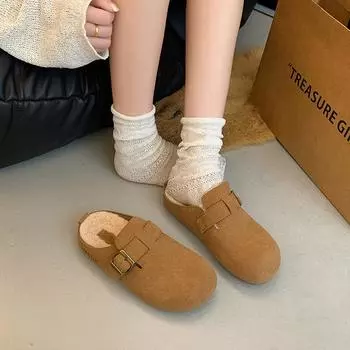 2024 бархатные полутапочки с толстой подошвой, женские осенние новые повседневные ретро-тапочки с одной педалью из пушистого хлопка Baotou 35 хаки