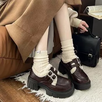 2024 velvet thick-heeled college style shoes, winter new thickened small leather shoes to keep warm, British style platform cotton shoes 35 чёрный