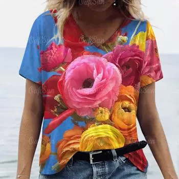 2024 Верхняя женская футболка с цветочным принтом, женская футболка большого размера, летняя женская одежда, дешевая женская рубашка с коротким рукавом, модная S